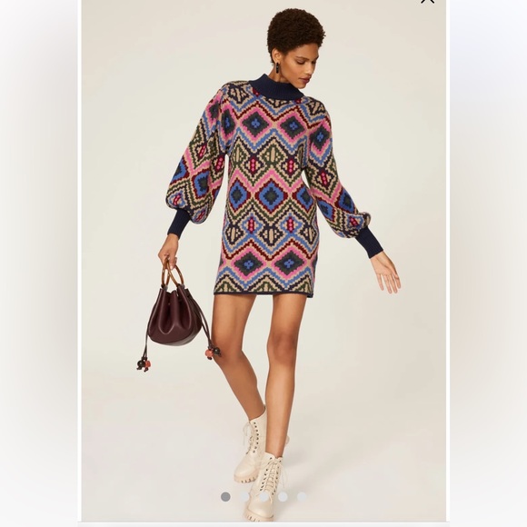 NWT Farm Rio Rauti Puff Sleeve Sweater Dress - Picture 2 of 7